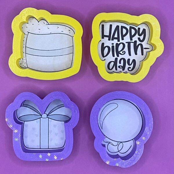 KIT 4 CORTADORES MINIS 5 CM CUMPLEAÑOS HAPPY BIRTHDAY GLOBO, REBANADA DE PASTEL, REGALO