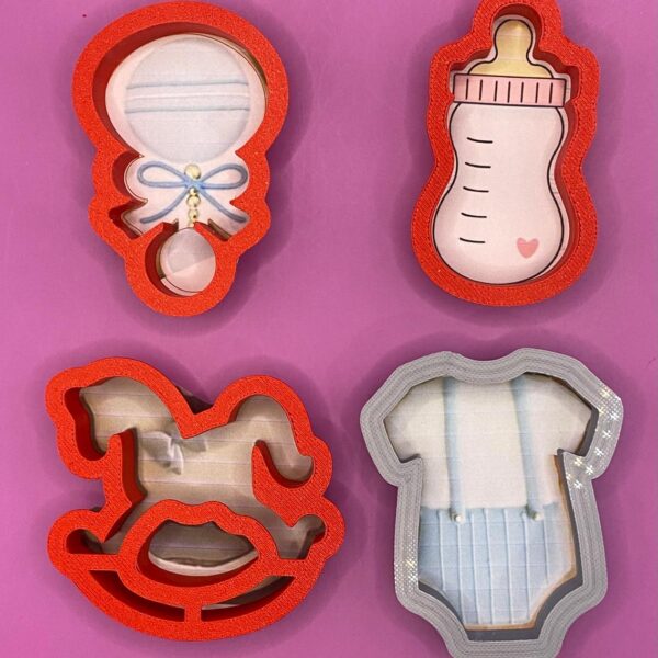 4 CORTADORES DE GALLETAS BABY SHOWER 8 CM MECEDORA BIBERON MAMELUCO SONAJA 8 CM