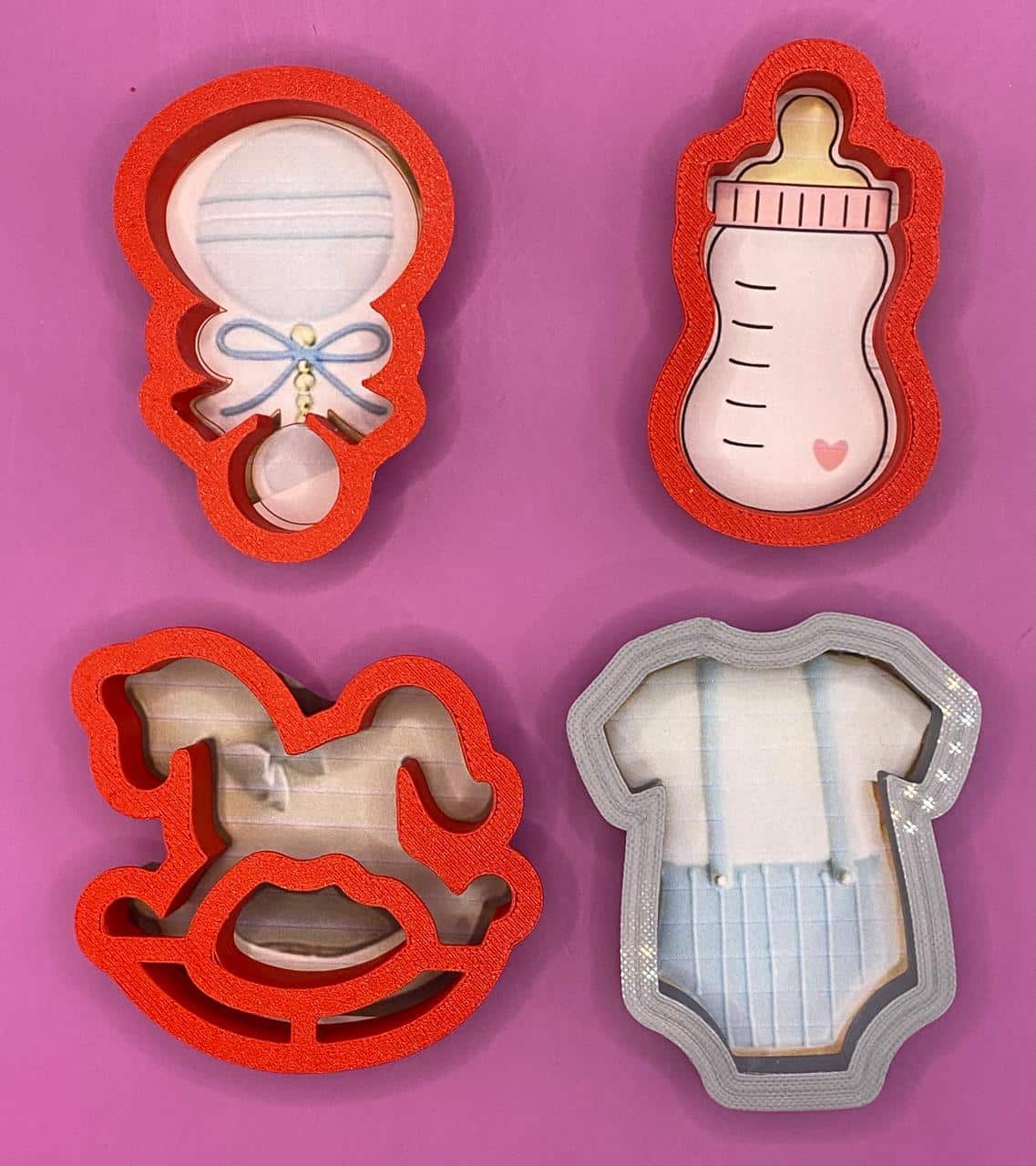 4 CORTADORES DE GALLETAS BABY SHOWER 8 CM MECEDORA BIBERON MAMELUCO SONAJA 8 CM
