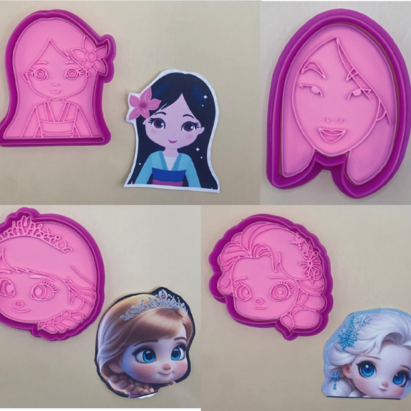4 CORTADORES DE GALLETAS MULAN ELSA FROZEN ARIEL CON SELLO MARCADOR 10 CM