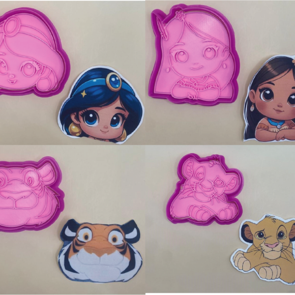 4 CORTADORES DE GALLETA SIMBA POCAHONTAS JAZMIN TIGERE RAJAH CON SELLO MARCADOR 10 CM